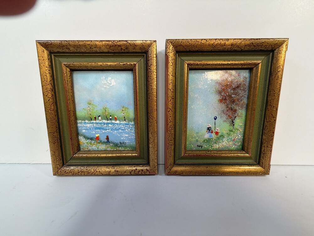 Set of 2 Vintage Signed Enamel on Copper Miniature Framed Paintings